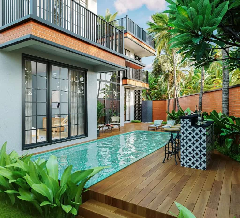Garden and pool court at the Aldona twin villas.