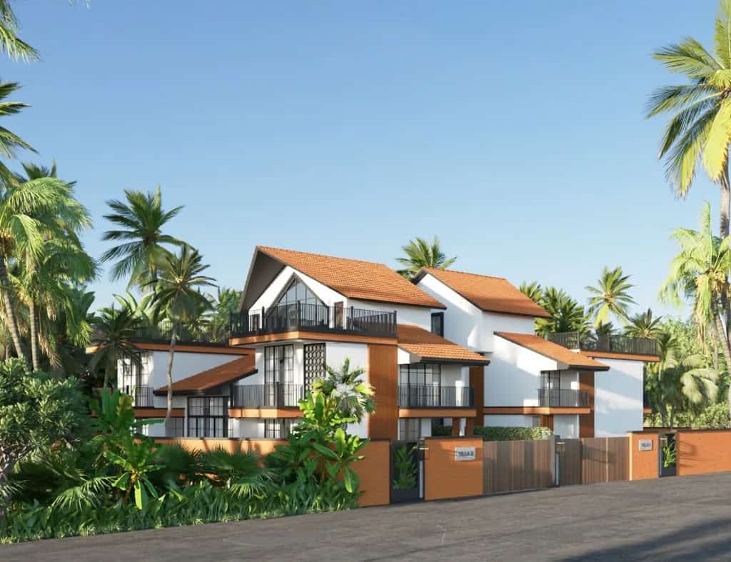 Twin villas in Aldona with terracotta roofs and tropical planting.