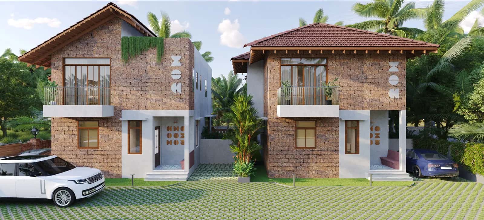 La Demure — laterite and terracotta villas with planted drives and Car Parking.