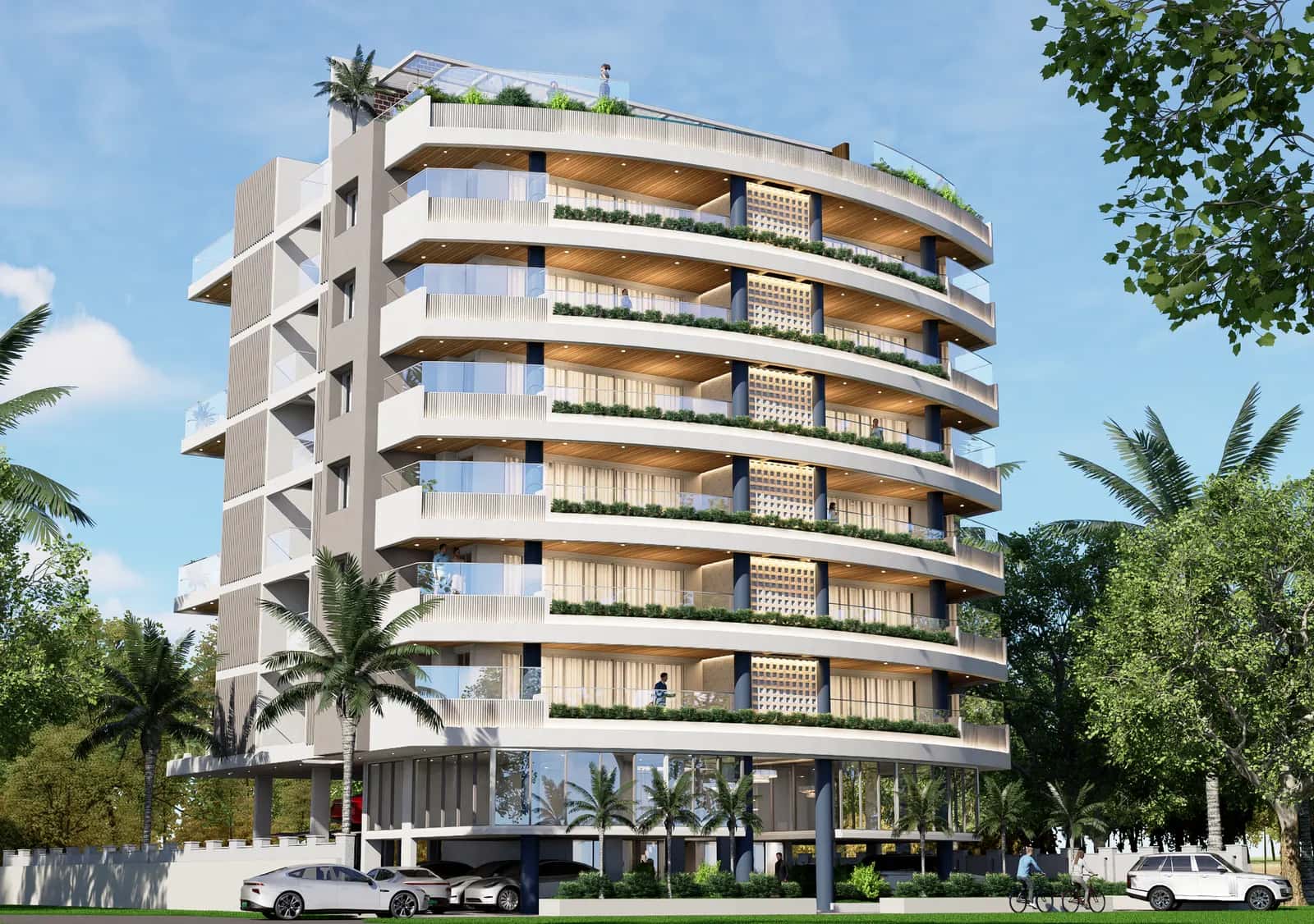 Ocean Cloud — a sea-facing residence building with curved balconies, planted terraces and a rooftop deck.