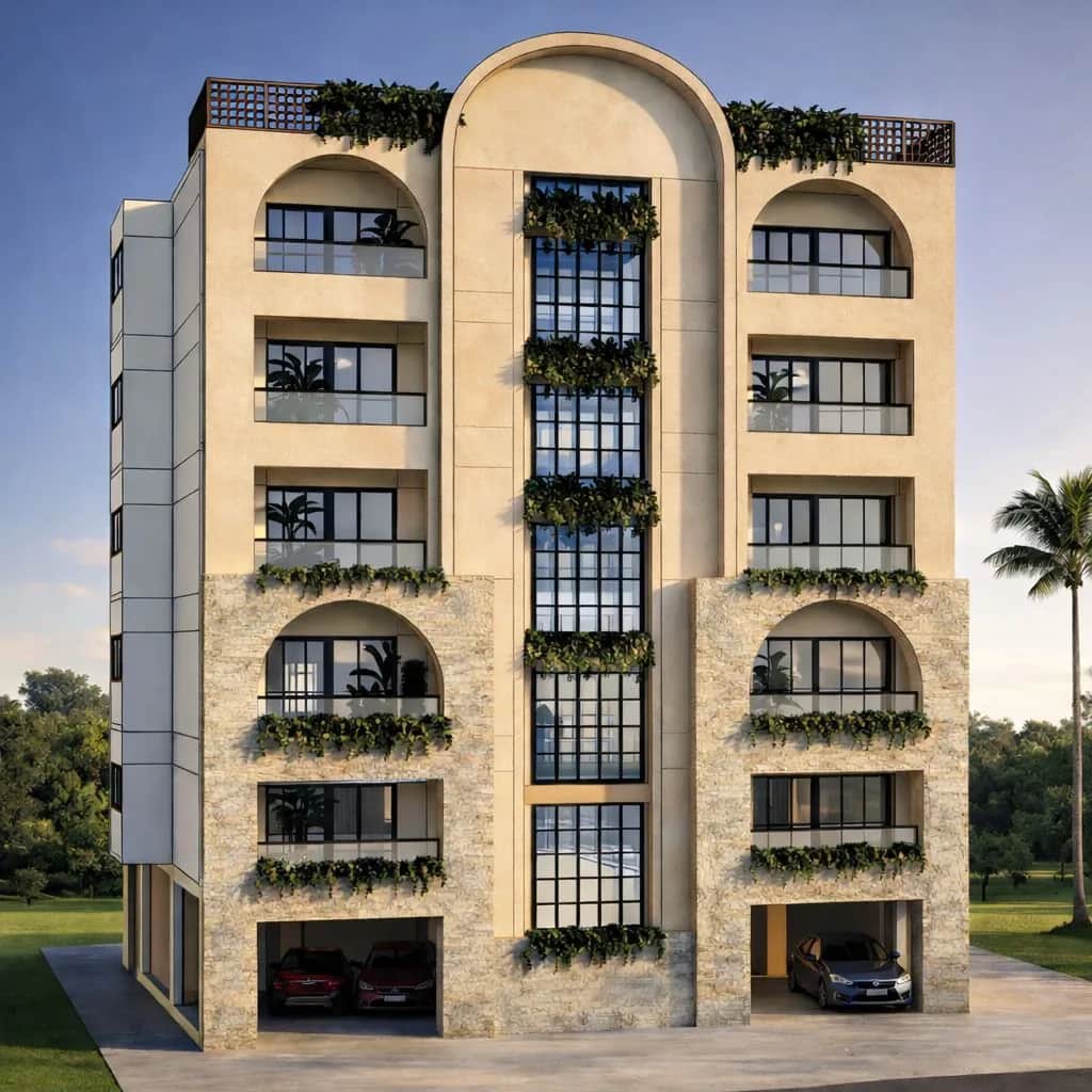 Architectural render of a five-storey apartment building in Salvador, Goa.