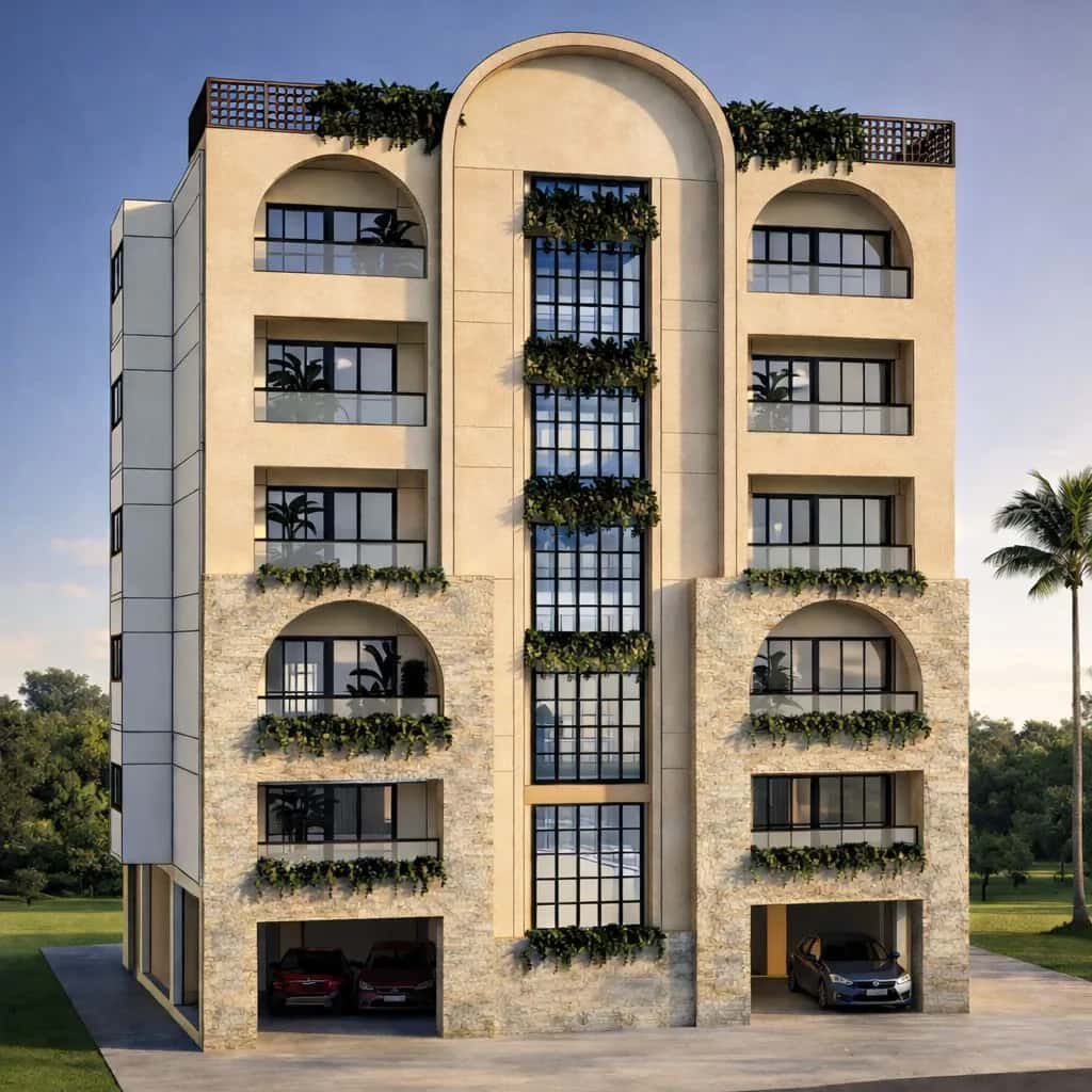 Architectural render of a five-storey apartment building in Salvador, Goa, with arched balconies, stone cladding and planted terraces.